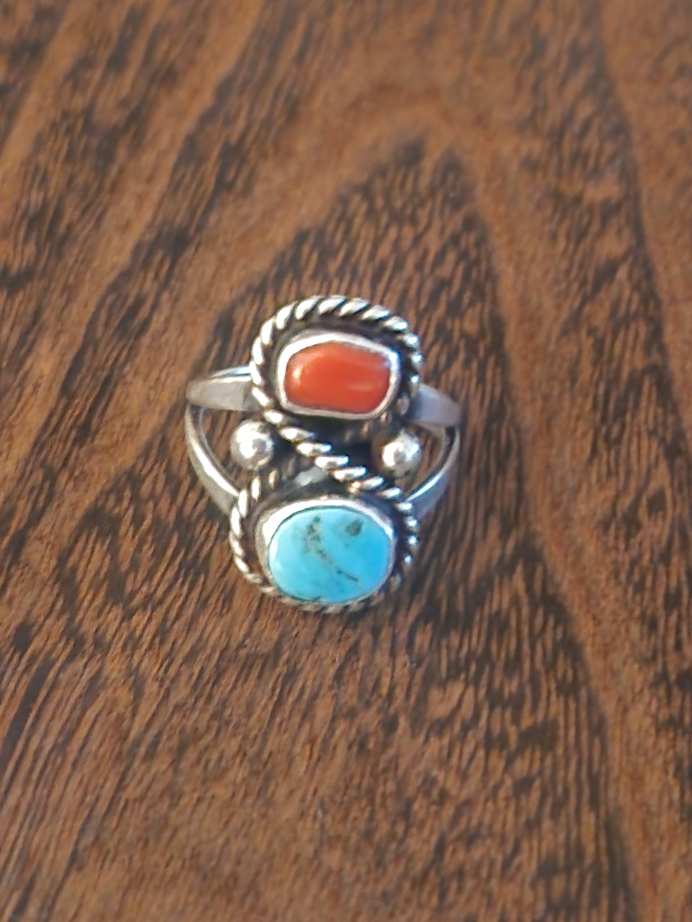 Vintage Sterling Silver Turquoise and Coral Double Stone Ring Size 8